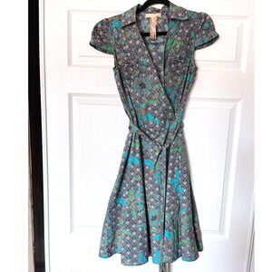 Andrew & Co Floral Batik Print Cotton Wrap Dress Short Cap Sleeve Teal